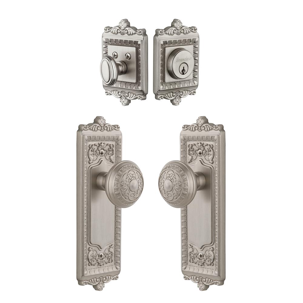 Grandeur by Nostalgic Warehouse Single Cylinder Combo Pack Keyed Differently - Windsor Plate with Windsor Knob and Matching Deadbolt in Satin Nickel